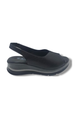 Ellanor S-564-26 Hakiki Deri Anatomik Dolgu Taban Kadın Sandalet Siyah