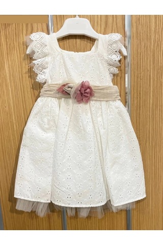 Yazlık Keten Kemerli Çiçek Aksesuarlı Bebe Kız Elbise Ekru