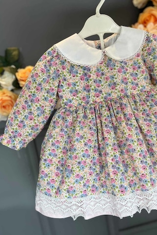 Rokoko Çiçek Desenli Kız Çocuk Bebek Dantelli Renkli Pamuk Elbise 001