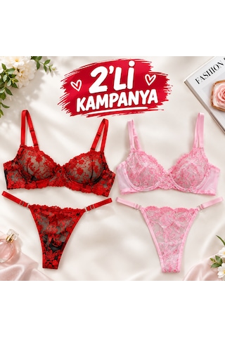 Kadın Bralet Dantel İç Çamaşırı 2 Li Set Kırmızı Ve Pembe Özel Kampanya Paketi