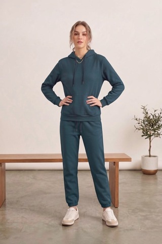 Moibody Kadın 3 İplik Şardonlu Eşofman Takımı Premium Kapüşonlu Sweatshirt Ve Jogger Alt Petrol Petrol
