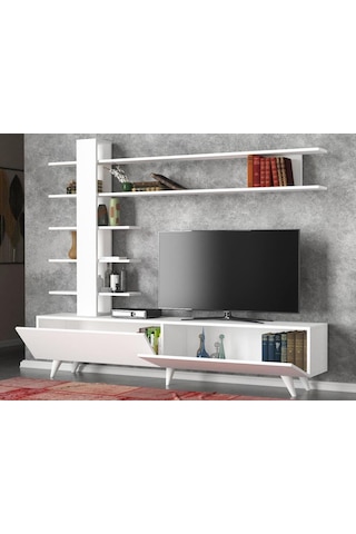 Dekorister Aleyna Duvar Raflı Kitaplıklı Tv Ünitesi Beyaz