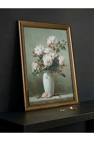 Gold Vintage Varaklı Büyük Boy 60x80 Çerçeveli Tablo Klasik Vazoda Beyaz Güller Çiçek Buketi Yağlı Boya Görünümlü 50x70cm Dokulu Baskı Dekoratif Lüks Salon Tablosu