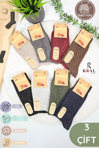 Kral Socks Kadın Koyun Yünü Lambswool Kışlık 3'lü Set Çorap ASORTİ