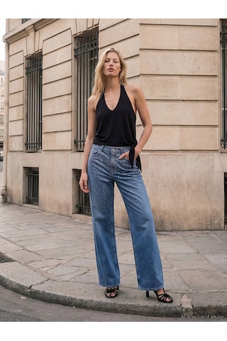 Lc Waikiki Lc Waıkıkı İndigo Taşlı Straight Fit Kadın Jean Pantolon