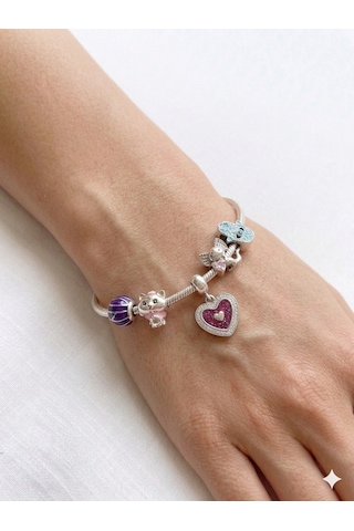 Kadın Mor Top, Tatlı Kedi, Sallantılı Kalp, Pembe Taşlı Canavar, Turkuaz Fatma Ana Eli Charmlı Çelik Kalp Kilit Bileklik 19 Cm Silver