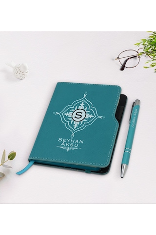 Kişiye Özel Isimli Turkuaz Termo Deri Defter Kalem Seti-26