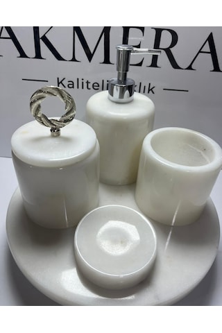 Mermer Top Ayaklı Standlı 5 Parça Lüks Banyo Seti Beyaz - Gümüş