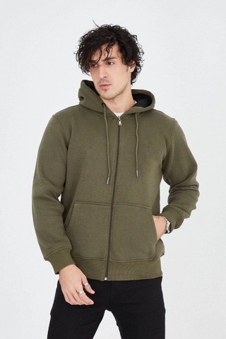 Mbb E-ticaret Erkek 3 İplik Pamuklu Fermuarlı Kapüşonlu Kanguru Cepli Hoodie Hırka Sweatshirt - Yeşil