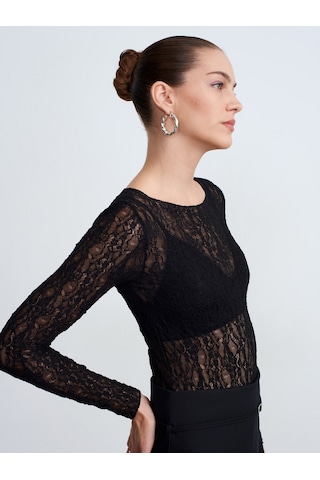 Dilvin 32764 Kayık Yaka Dantel Top-siyah