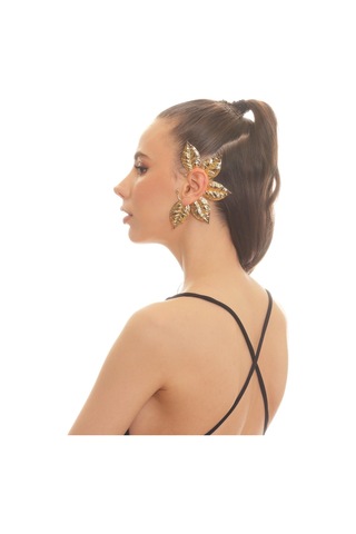 Kadın Altın Renk Lak Kaplama Zirkon Taşlı Dokulu Yaprak Stilizesi Sol Kulak Earcuff&kıkırdak Küpe Çok Renkli