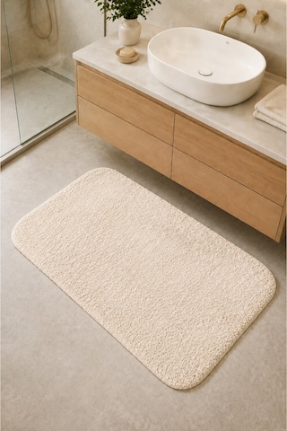 Kaymaz Jel Tabanlı Yıkanabilir Peluş Yumuşak Dokulu Dekoratif Tekli Banyo Paspası 60x100 Cm Krem