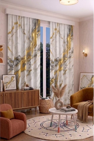 Modern Geometrik Desenli Fon Perdesi 140x260 Cm 2 Kanat Dekoratif Dijital Baskılı Premium Salon Oturma Odası Yatak Odası Pencere Perdesi Beyaz Gold