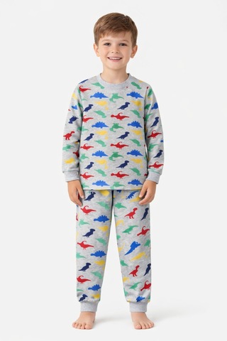 Free Beka Sevimli Dinazor Desenli Bisiklet Yaka Çocuk Uzun Kollu Pamuklu Alt Üst Pijama Takımı Gri