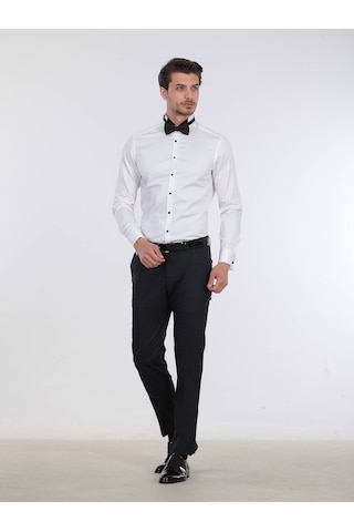 Kip Beyaz Düz Slim Fit Duble Manşet Ata Yaka Smokin Gömlek Beyaz