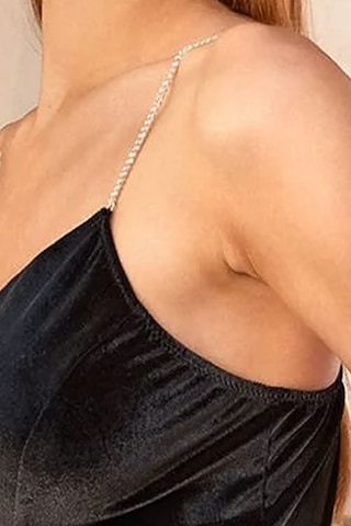 Cossy By Aqua 25033 Kadın Kadife Taş Askılı Yırtmaçlı Kruvaze Yaka Gecelik-siyah Siyah
