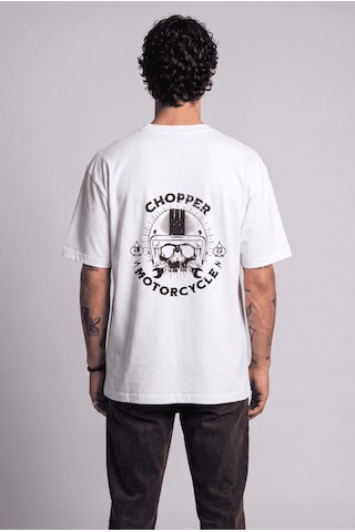 Black Nova Oversize Baskılı Unisex %100 Pamuk T-shirt Skull Rider Beyaz