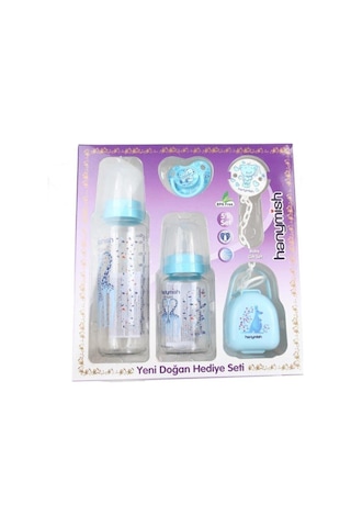 Hanymis Mavi 5li Cam Biberon Emzik Seti Hediye Set Mavi