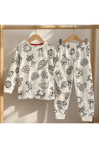 Hukids Boyanabilir Pijama Takımı - Uzun Kollu Beyaz