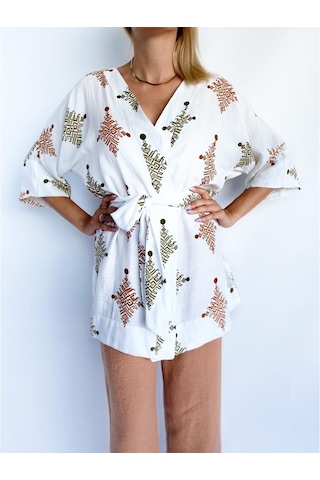 Kadın Tarçın Rengi Keten Kimono Pantolon Takım