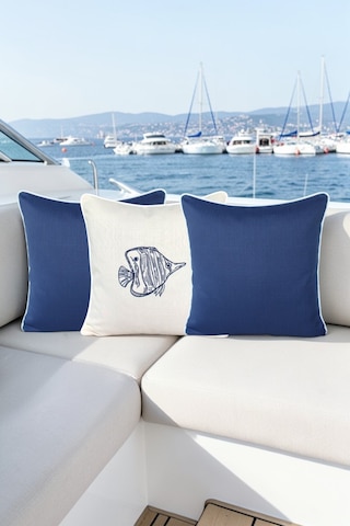 Kırlent Kılıfı 45x45 3'lü Marin Set Nakışlı Balık Desen + Düz Su İtici Outdoor Keten Tekne Bahçe Krem - Lacivert