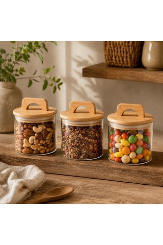 Havana Bambu Kapaklı Cam Kavanoz 370 Ml 3'lü Set, Şeffaf Cam Saklama Kavanozu, Kulplu Bambu Kapaklı Mutfak Düzenleyici, Kahve Çay Baharat Bakliyat Atıştırmalık Kavanozu Çok Renkli