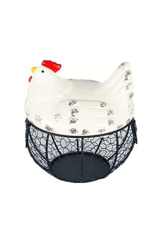 Willowhaven Beyaz Seramik Yumurta Saklama Kutusu Tavuk Desenli Metal File Ve Çiçek Dekor Beyaz