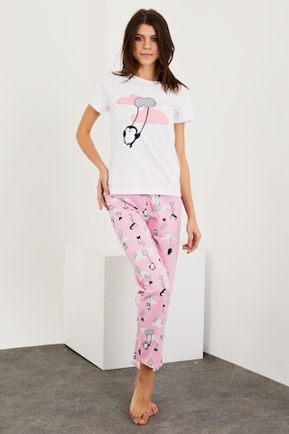 Gimer - Baskılı Kısa Kol Pijama Takım - Ece4202G Beyaz