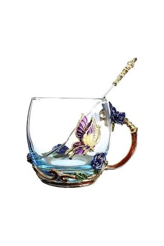 Mavi Gül Emaye Kristal Kupası Çiçek Çay Cam Yüksek Dereceli Cam Su Kupası Çiçek Kupa İle Handgrip Ile Mükemmel Hediye Düğün Kupalar Mavi Ahşap