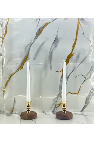 Koyu Kahverengi Ahşap Ayaklı Metal Gold Desenli Ikili Mumluk Seti Gold