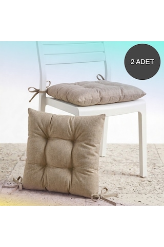 2'li Set 45x45 Cm Bej Bağcıklı Sandalye Minderi - Pamuk Polyester Kumaş Kırpıntı Süngerli Bahçe Ve Mutfak Sandalye Minderi
