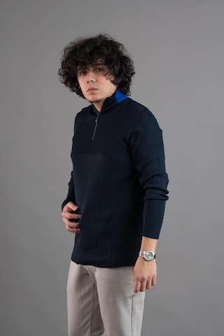 Fermuar Yaka Yarım Balıkçı Likralı Erkek Sweatshirt Lacivert