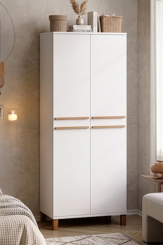 Robin Home Porto Ahşap Ayaklı 2 Kapaklı Raflı Bölmeli Tekli Gardırop Bebek Genç Odası Dolabı Elbise Dolabı Beyaz