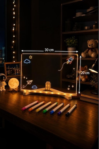 Led Işıklı Çizim Boyama Tahtası 7 Adet Kalem Hediyeli Neon Işıklı Eğitici Not Tahtası Lwb01 Şeffaf