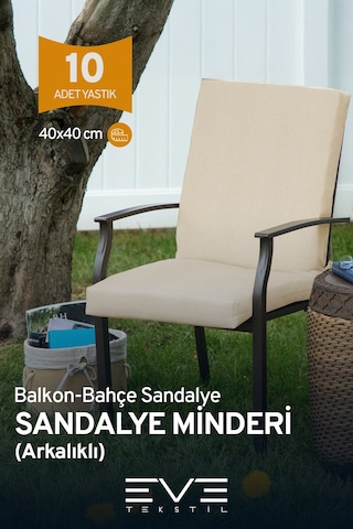 Eve Tekstil Bahçe - Salon - Balkon Arkalıklı Fermuarlı Bağlanabilir Yıkanabilir Sandalye Minderi 10 Adet Krem