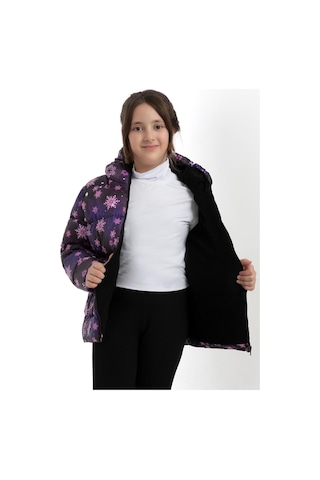Kız Çocuk Mor Kar Tanesi Desen İçi Polar Su Ve Rüzgar Geçirmez Kapüşonlu Cepli Şişme Kışlık Mont Mor