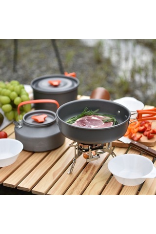 Wıdesea Wsc-203J 2-3 Kişilik Alüminyum Kamp Tencere Seti Çaydanlık Kızartma Tavası Bpa Içermez Fda Sertifikalı Değil - Gri/Kırmızı