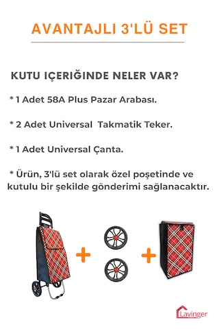 Pazar Arabası Plus Avantajlı 3' Lü Set Pazar Arabası + Yedek Tekeri + Yedek Çantası. Kırmızı