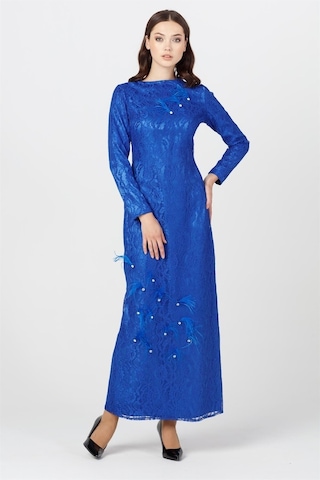 Sax - Tüylü Taşlı Dantel Abiye Elbise Saks