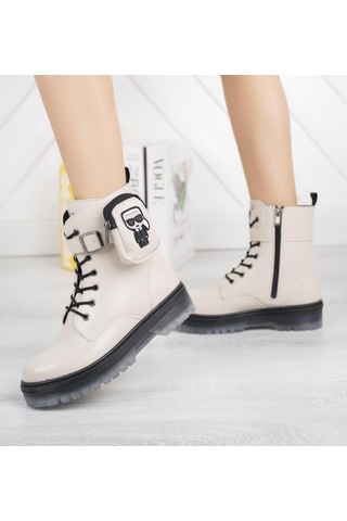 Ramer Krem Kırışık Rugan Fermuarlı Cep Detaylı Kız Çocuk Botu Krem