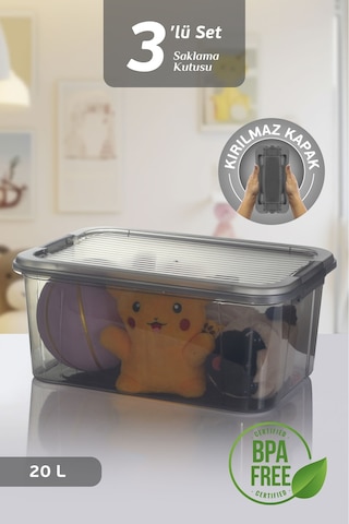 3'lü 20l Multibox Saklama Kabı Kilitli Kapaklı Çok Amaçlı Düzenleyici Kiler Depolama Saklama Kutusu Siyah