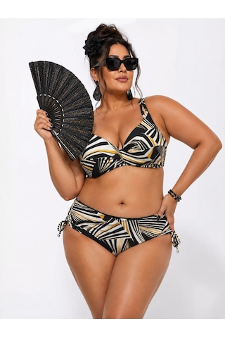 Büyük Beden Balenli Geometrik Desenli Kaplı Ayarlanabilir Askılı Toparlayıcı Kadın Bikini Takım