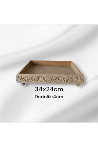 Ahşap Boyanabilir Çiçek Desenli Ayaklı Dikdörtgen Sunumluk Tepsi