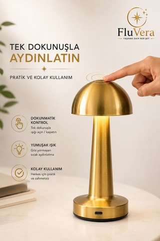Şarjlı Masa Lambası Gold Mantar Kablosuz Led Dokunmatik Gece Lambası Altın