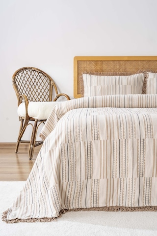 Lia Bej Çift Kişilik %100 Pamuklu Püsküllü Yatak Örtüsü Takımı 3 Parça Uyku & Çeyiz Seti