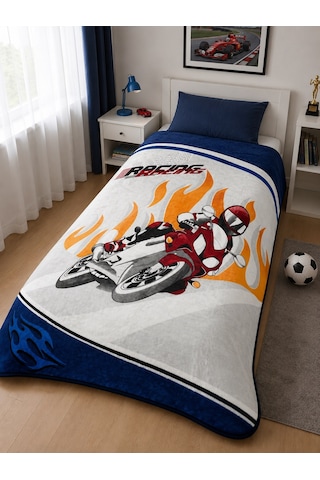 Aksu -moto Racing Mavi- Tek Kişilik Çocuk Battaniye 155x215