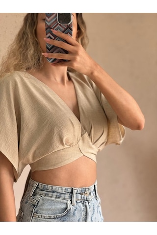 Fashion Cocktail Kısa Kol V-yaka Keten Sırt Bağlama Mini Karın Dekolteli Yazlık Kombin Crop Bluz Krem