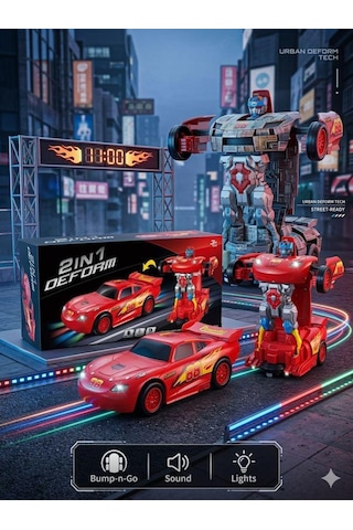 2'si 1 Arada Şimşek Mcqueen Dönüşen Robot Araba Işıklı Ve Sesli Kırmızı