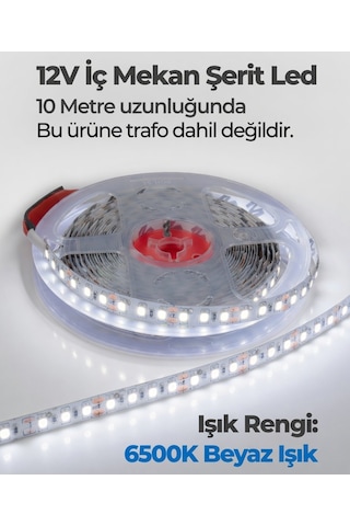 12v İç Mekan Şerit Led 10 Metre 6500k Beyaz Işık Kesilebilir Led Şerit Trafo Hariç 10 Metre Beyaz