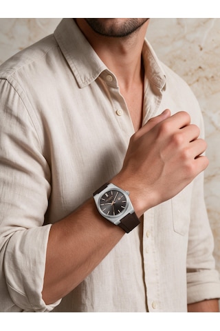 Lee Cooper Kahverengi Silikon Kayış Füme Kadran 40 Mm Yuvarlak Erkek Kol Saati, Bileklik Hediyeli Gümüş